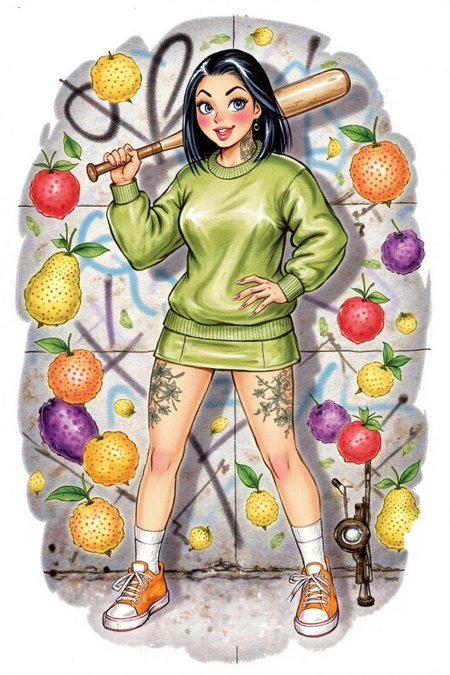 d0sn Illustration. full body, liquid splash, cartoonish juicy fruits chaos, dynamic pose, dynamic camera, a fashion shoot, an illustration of a young woman threateningly holding a baseball bat in her hands, full body tattoo, wearing green short sweater, miniskirt, knee socks, orange sneakers, aggressive facial expression, wall with graffiti in the background  <lora:d0sn_illus7_cap_d6a3:1.0><lora:805816799376635545:0>