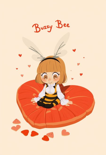 , score_9, score_8_up, score_7_up, score_6_up, Source_cartoon, 1girl, chibi girl,  anthro bee girl, sitting on center of  of fried hearts, midjourneyv6.1, , view from above, text:"Buzzy Bee" , art by incase