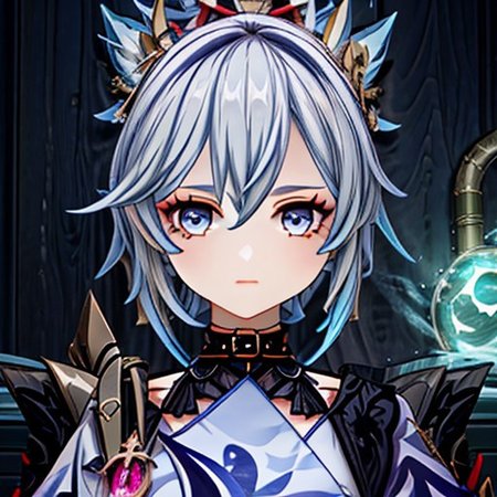 GenshinAvatar, (a girl with long light blue hair in a braided ponytail with a flower hairclip on it hair has split bangs, and blue eyes eyes,hydro character,hydro inazuma vison,wearing a blue kimono with a collar,outfit with blue charms and gems.:1.4), highly_detailed, illustration, portrait, (((masterpiece))),(((bestquality))), (black_background:1.4), simple_background, <lora:GenshinAvatarV2:1>