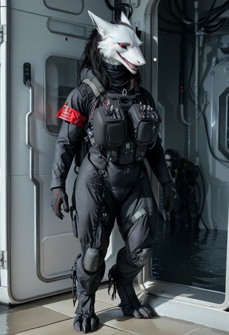 score_9, score_8_up, score_7_up, three quarter view
BREAK, solo, female, sergal, anthro, black sclera, red eyes, sergal head, thick neck, huge breasts, wide hips, Big butt, muscular female:1.1, bulky woman:1.2, voluptuous, digitigrade legs, 
BREAK, wetsuit, skin tight wetsuit, black wetsuit, tactical vest, armor, ballistic armor, full body, heavy armor, red armband, (((Industrial_Futurism)))