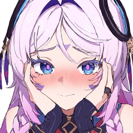 1girl, solo, citlali, ring hair ornament, close-up, shy, hands on own cheeks, blush, embarrassed, blue eyes, simple background, pink pupils, confused, worried, masterpiece, best quality, absurdres, highres,