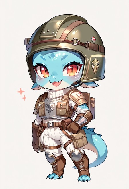 score_9, score_8_up, score_7_up, source_cartoon, cute chibi kobold, chibi body, body armor, combat gloves, combat helmet, looking at viewer,  SomSom Style