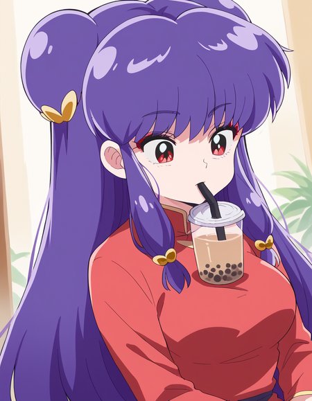 score_9, score_8_up, score_7_up, source_anime, <lora:shampoo-leak-ponyxl-lora-nochekaiser:1>, shampoo, shampoo (ranma 1/2), long hair, hair ornament, red eyes, purple hair, hair bun, double bun,, <lora:bubble-tea-challenge-ponyxl-lora-nochekaiser:1>, bubble tea challenge, bubble tea, object on breast, drinking straw, drinking straw in mouth, drinking, cup,, indoors, sitting, looking down, , cowboy shot, dutch angle