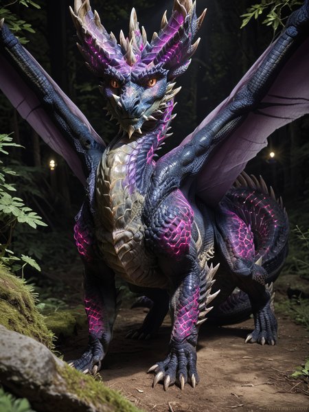 <lora:MH_Alatreon_a1_16_PonyXL:.8>, score_9,score_8_up,score_7_up, nature photography, (Close up, extreme closeup, extreme portrait:1.2),  high angle, front, 
alatreon,feral,(glowing purple:1.4),by smewed,(by claweddrip:0.5),solo,hi res,detailed background,forest, looking at viewer,extreme detail
,detailed eyes,tail,red sclera,yellow eyes,wings,hands on ground,
(dark background:0.8), (dark_lighting:1.8),  hardlight , bloom, translucent, subsurface scattering, sharp hyper detailed, (shiny glass skin:1.2), (ultra-detailed scales:1.1), glowing, <lora:RM_Enhancer_v1.0_bf16:.1> <lora:p:.2> <lora:Add_More_details_SD3:.5>