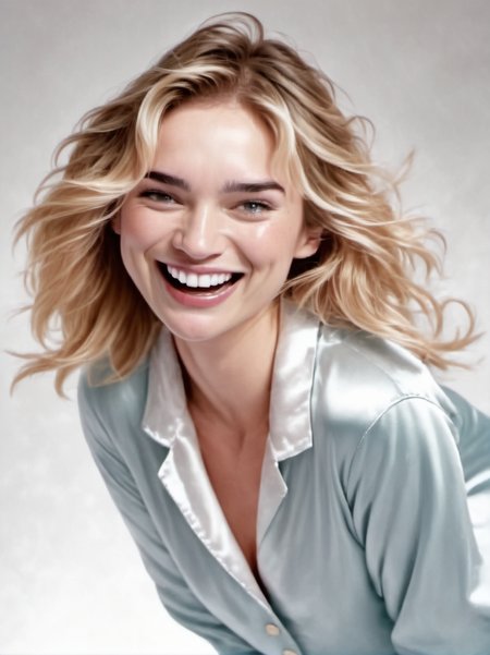 1girl, realistic, blond,
portrait, smile, open mouth, mouth open, wearing satin pajamas, white background, looking at us,
 <lora:abbie-synth-xl-lora-1:1>