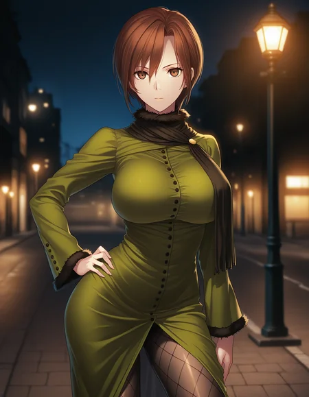1girl, solo, aozaki touko, brown hair, short hair, brown eyes, big breasts, green dress, scarf, front slit, black pantyhose, fishnets pantyhose, standing, one hand on hip, contrapposto, depth of field, street lamp, outdoors, night, dark theme <lora:aozaki_touko_ilxl_v1:0.8>