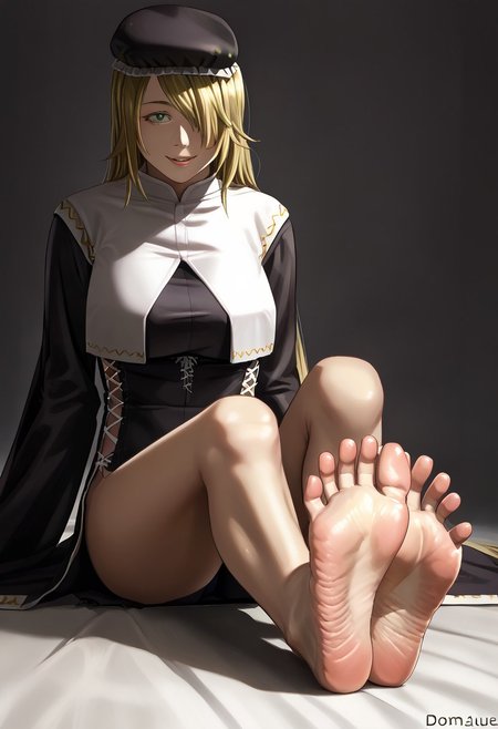 score_9, score_8_up, score_7_up, source_anime, barefoot, (soles:1.3), dominique_nun, zPDXL2, sitting, barefoot, coy smile, parted lips