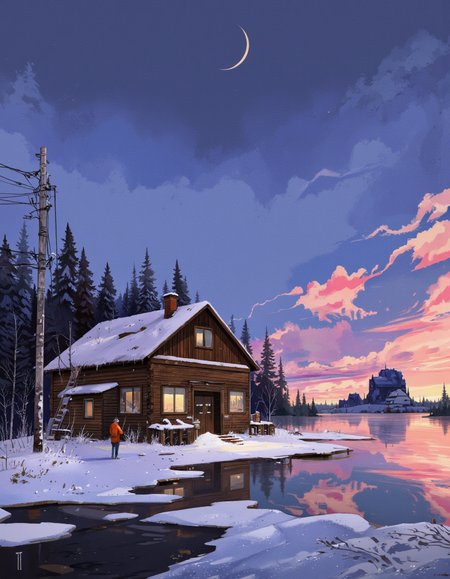 Art by Ismail Inceoglu. A digital illustration shoot from a distance camera angle about a snowy landscape at night, featuring a wooden building with snow-covered trees and a utility pole on the left, and a person standing in front of it. the scene is set in a rural area, with a body of water in the foreground and a distant building with a satellite dish on the right. the sky is filled with colorful clouds and a crescent moon, and the colors of the sky are predominantly blue, pink, and purple, with some hints of orange and yellow. the building has a sloping roof and large windows, and there is a ladder leading up to the entrance. the person is standing in the middle of the image, and they are facing away from the viewer.