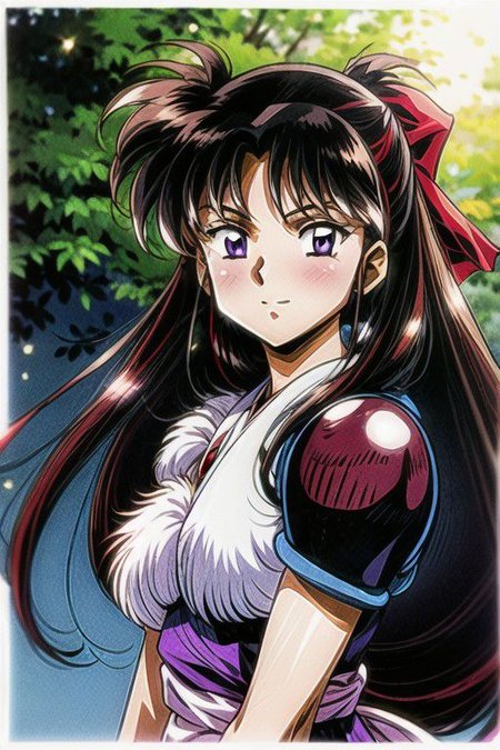 best quality 1girl Setsun4 solo long hair,  (night time) forest background black hair very long hair purple eyes multicolored hair armor, small, (fur trim) (medium body),<lora:EMS-179-EMS:0.800000>,<lora:EMS-293862-EMS:0.800000> bow, hair_bow, hair_tubes, red_bow, brown_hair, long_hair, bangs, ascot, frilled_bow, yellow_ascot, blush, smile, hair_between_eyes, athletic, armor, miko,  Smiling, happy,