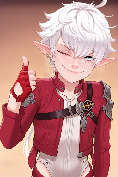 masterpiece, best quality, absurdres, 
solo,
red jacket, thumbs up, fingerless gloves, smile, smug, one eye closed, 
 <lora:Alisaie_Leveilleur_ã¢ãªã¼ã¼ã«ã´ã§ã¦ã¼ã«_ArizÄ_RuveyÅ«ru_Final_Fantasy_XIV_Character_LoRA:0.9> alisaie leveilleur, pointy ears, elf, white hair, elezen, blue eyes, long hair, ahoge,
 <lora:AndavaILf:1> andilf,