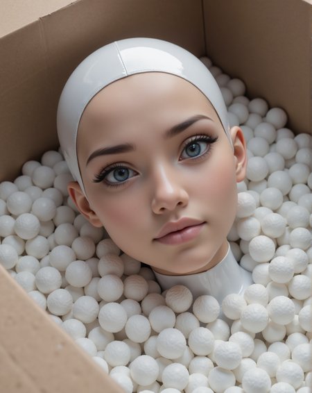 Lifelike android laying in a cardboard box. Covered in packing peanuts. Humanoid face. Beautiful expressive eyes, detailed eyes. Exposed Pussy. Clear transparent Plastic hue. Reflective skin. Multi-Layered Textures, deep colors, absurdres, Photorealistic, Natural atmospheric lighting, intricate details, 35mm photograph, film, professional, 4k visuals, highly detailed, elegant, studio quality. <lora:Woomy_1:1>