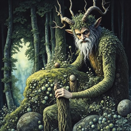 Studio Ghibli Dark Fairytale satyr sitting in the woods This is a photograph of a painting, likely a 19th-century piece in the style of the Pre-Raphaelite movement. The artwork depicts a fantastical scene with an old, bearded man with goat-like features, reminiscent of a satyr or faun. He is sitting on a rock in a forest setting, surrounded by lush greenery and various plants.