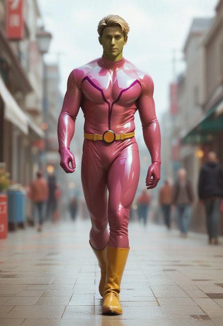 score_9, score_8_up, score_7_up, green face, mature, adult male, colored skin, superhero, latex, short blonde hair male, ((deep pink bodysuit)), purple pink superhero, yellow belt, yellow boots, walking, depth of field, 32k UHD resolution, best quality, high quality, full body