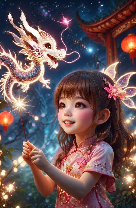 amazing quality, masterpiece, best quality, hyper detailed, ultra detailed, UHD, DOF, depth of field, HDR, perfect anatomy
solo, cute, kawaii, brown hair, joyfully plays with fairy wand, waving it in the air, red lantern, wearing pink cheongsam, milky way,
a small cfc-spark-dragon above the fairy wand, translucent, dazzling, shine, sparking, trajectory of sparks,
<lora:cfc-spark-dragon-000006:0.75>,
<lora:add-detail-xl:0.75>,
<lora:extremely_detailed:0.75>, extremely detailed,
<lora:EnvyBetterHiresFixXL01:1.0>,
<lora:DonM3t3rn1tyXL-v1.1-000008:0.7>, DonM3t3rn1tyXL,
<lora:Haute_CoutureXL:0.7>, DTstyle,
SK_Fantasy,