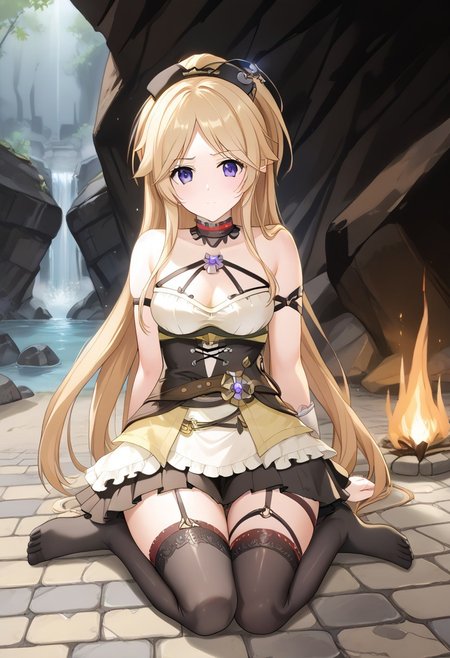 core_9, score_8_up, score_7_up,
BREAK source_anime, best quality, masterpiece, rating_safe, uncensored, High quality, 8k, Ultra detailed, insanely detailed, beautiful, prefect lighting, 1girl, 
BREAK yukariadv, very long hair, blonde,
clockwork outfits, thighhighs,
BREAK (Cave, firewood, fire, water droplets, stone bed, rough floor,Cobblestone wall),