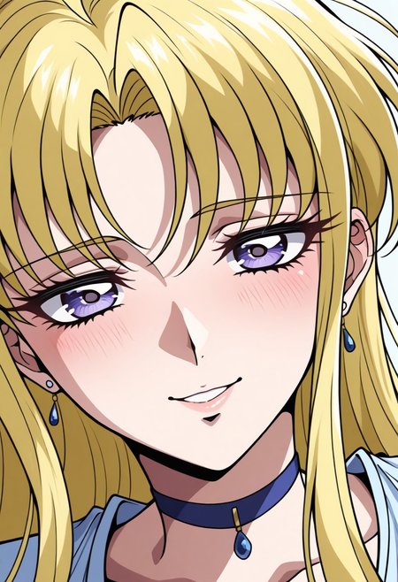 masterpiece, best quality, newest, highres, uncensored, 1girl, yokota mamoru style,1girl, slender face，motion lines,
Cecilia,Ahoge Hair, Blonde Hair, Waist Length Hair,Long Hair,Violet Eyes,Large Eyes,Choker,Slim
solo, open eyes,smile with love, earrings, jewelry, long hair, blush, close-up,, dutch angle, portrait,full dressed