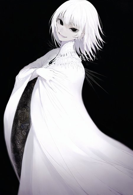 solo, looking at viewer, black eyes, black background, 1woman, long ringlet white hair, extremely pale skin, smirking, all white gown (pure white), masterpiece, best quality, very aesthetic, absurdres
 <lora:monfornoob:0.95>