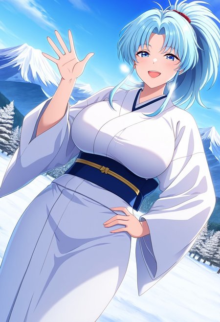 general,highres, ultra-detailed,very aesthetic,best quality ,best hands,best eyes,easynegative,
dynamic anglre, dutch angle, anime cloring,anime screencap,
1girl solo,looking at viewer,open mouth,smile,snow,mountain,waving hand,hand on hip,
Botan,light blue hair, blue_eyes,huge breasts,open chest,white japanese clothes,