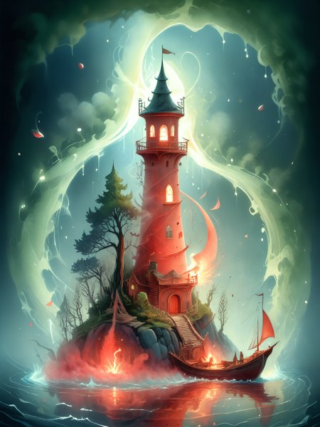 isometric cutaway page, sailboat, tower, island, light particles, lined lighting, in misty fog, dark fog background, 
magical creature, curved trees, heavy fire on the background, fire vortex, water vortex, reflections, wind vortex, stone vortex, damage paper, drowning, red fog, blue fog, green fog, white fog, 
emergency countermeasures, scorching weather, synthwave, 
fireflies, complex background, intricate details, 
suthin tones, hyperdetailed, muted colors, <lora:Isometric Cutaway>, <lora:Flashfire_Glowing_Runes:0.6>, <lora:hkmagicV2:0.6>, <lora:xl_more_art-full_v1:0.6>, <lora:WildcardX-XL-Detail-Enhancer:1>, faded ink, ink smears, ink stains, ink splashes, ink illustration,