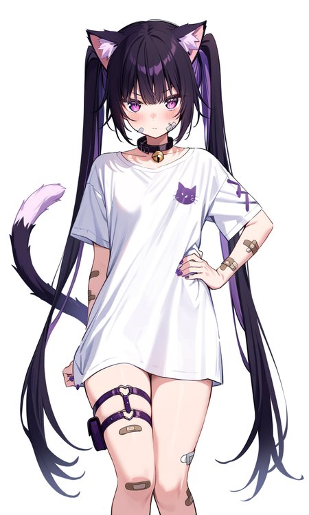 1girl, sensitive, solo, long hair, looking at viewer, blush, simple background, shirt, black hair, white background, animal ears, very long hair, twintails, purple eyes, tail, white shirt, purple hair, short sleeves, cat ears, nail polish, collar, cat tail, hand on own hip, thigh strap, bell, bandaid, neck bell, bandaid on face, purple nails, bandaid on arm