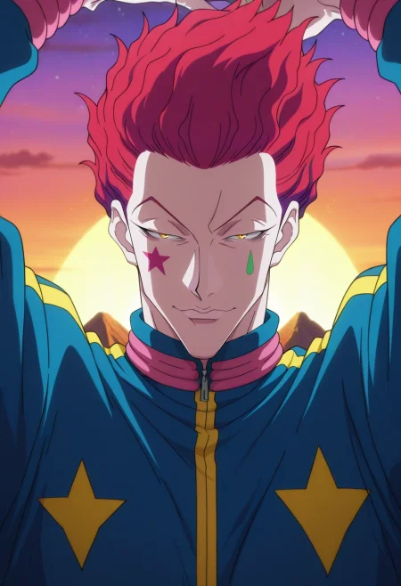 masterpiece, best quality, intricate details, anime screencap, anime coloring, official style, , 1boy, solo, male focus, <lora:hisoka_morow_ilxl:0.96>, hisoka_morow, red hair, yellow eyes, facial mark, star \(symbol\), focused, mountain, midnight, arms up, squinting, tracksuit,
