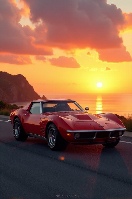 an impressive 70s classic sports 70s car near an ocean at sunsetâââ