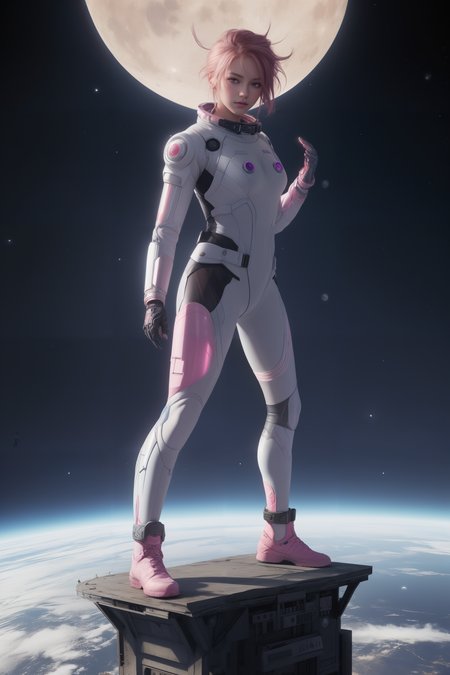 a woman standing on a platform with a pink and blue background and a large moon in the background with a pink and blue background, Artgerm, anime visual, a hologram, space art