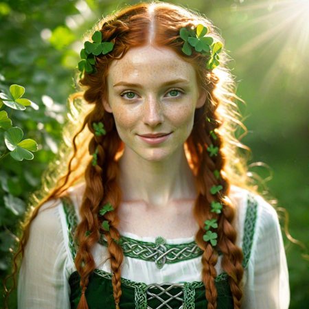 redhead, mystical irish woman, long hair in intricate celtic braids with shamrocks, freckles, soft smile, glowing green eyes, otherworldly beauty, sunlight dappling through leaves, blurred background, soft smile