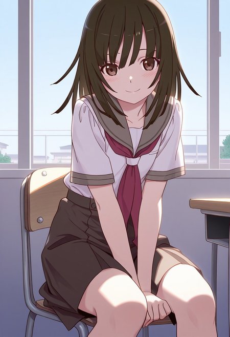 <lora:illustrious_XL_nadeko:0.9>,nadeko,masterpiece,best quality,good quality,1girl,solo,long hair,long bangs,school_uniform,sailor,day,indoor,classroom,v_arms,sitting_on_chair,smile,light_blush,