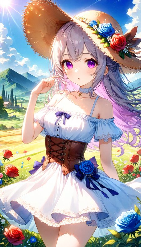 score_9_up,score_9,score_8,score_8_up,(score_7_up, score_7,score_6_up:0.8),source_anime,official art,(best quality),masterpiece,an extremely delicate and beautiful,extremely detailed,finely detail,ultra-detailed,highres,beautiful detailed,brightly colored,IRL,Fantasy,Photo,Unreal Engine 5,beautiful eyes and face,<lora:SoftWatercolors:1.2>,1girl,hat,outdoors,flower,dress,solo,long hair,purple eyes,looking at viewer,white dress,straw hat,gray hair,hat flower,rose,bare shoulders,day,sky,cowboy shot,short sleeves,blue flower,frills,parted lips,standing,corset,blush,frilled dress,field,red flower,cloud,jewelry,collarbone,blue sky,sun hat,grass,hand up,mountainous horizon,white choker,off shoulder,brown headwear,