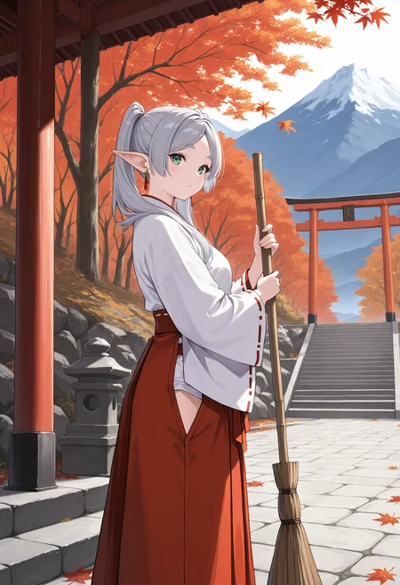 masterpiece, best quality, 1girl, solo, grey hair, twintails, pointy ears, earrings, long hair, parted bangs, miko, japanese clothes, red hakama, white kimono, ribbon trim, outdoors, stairs, stone stairs, autumn, autumn leaves, broom, holding broom, sweeping, from side, green eyes, wide sleeves, hip vent, (torii:0.9), mountain, landscape, looking at viewer
