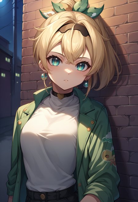 score_9, score_8_up, source_anime, KazamaIroha, hair ornament, hairband, ponytail, earrings, sharp eyes, choker, neon shirt, open jacket, turtleneck sweater, night, against wall, brick wall, graffiti, dim lighting, alley, looking at viewer, <lora:CHAR-KazamaIrohaPonyXL:1>