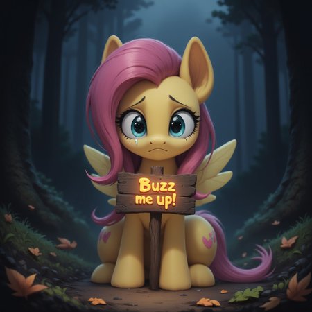 pony, Fluttershy, sad expression, large, expressive teal eyes brimming with tears, soft pastel yellow coat, distinctly equine features, delicate, drooping ears, her long, flowing pink mane partially covering one eye, cascading down her neck and shoulders, realistic and anatomically correct equine legs, slender and graceful, with well-defined joints, detailed and natural-looking fur texture, her small, delicate wings folded tightly against her sides, Fluttershy clutches in hooves a wooden sign with the words 'Buzz Me Up!' softly glowing, the faint light from the sign illuminating her sorrowful face, the scene set in a quiet, shadowy forest clearing, the earth beneath her hooves scattered with fallen leaves, dark clouds overhead casting a muted light, creating a somber and melancholic atmosphere, the overall scene emphasizes her vulnerability as a pony, aidmaponystyle