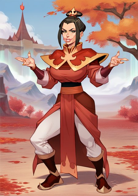 score_9, score_8_up, score_7_up, score_6_up, score_5_up, score_4_up, masterpiece, high quality, BREAK, full body, BREAK, 1girl,  <lora:Azula (avatar):0.9> azula(avatar), black hair, hairpiece, gold eyes, red outfit, armor, red robe, <lora:officialpit_v2-8:1> thick lips, busty, huge breasts, large breasts, big breasts, 1girl, female, female focus