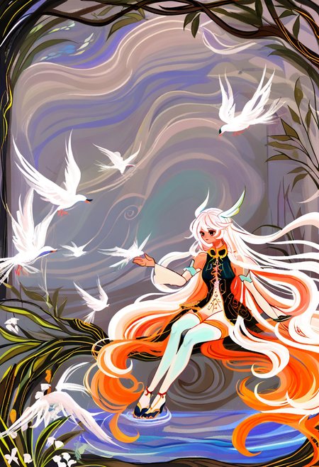1girl, long hair, bird, very long hair, solo, white hair, multicolored hair, thighhighs, sitting <lora:cqtlatteXL_NBVP1_lokr_V6311P:0.95>