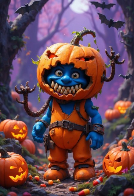 (Top realism), (Best quality), Hyper detailed photography, perfectly focused, maximum sharpness, A brightly lit, detailed Halloween scene featuring a mischievous Smurf dressed up as a tiny, adorable pumpkin monster. The Smurf wears a carved pumpkin over his head like a helmet, with a goofy, crooked grin cut into it. The pumpkin has comical, uneven eyes and an exaggerated, toothy smile that gives it a playful, spooky vibe. His little blue arms poke out from tiny holes in the pumpkin’s sides, waving playfully with tiny green vines wrapped around his wrists. The Smurf’s costume also includes rusty, toy-like mechanical arms sticking out from the pumpkin, clumsily waving around as if he’s trying to be scary. He’s surrounded by Halloween decorations—miniature bats, candy corn, and a small jack-o’-lantern with a surprised expression. The scene is set in a whimsical, moonlit forest with friendly, smiling pumpkins and soft purple lighting, capturing the festive and fun spirit of Halloween. The image is sharp and vividly colored, with a focus on the Smurf’s playful expression and adorable pumpkin monster outfit, cinematic style, UHD 8k