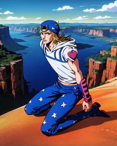 ((prfect face)), blue eyes, blond hair, <lora:johnnyJoestarLora_v4:1.2> kneeling,  detailed intricate, (masterpiece, best quality:1.3), star pattern pants, hat, portrait, 1boy, (19 yrs:1.1), johnnyjojo, blue eyes, solo, blonde hair, mountains canyons background, fullbody, jojo, promotion art <lora:1990sAnimeStyleLora_1:0.3> 90's anime style, arakistyle,  <lora:TESTArakiHirohikoArt_v2:0.5>