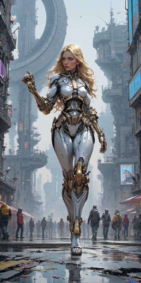 in the style of ck-sfc, detailed photorealistic image, fractal shaped Artemis Station spaceport megastructure of a Colossal scale in background, white ceramic and gleaming silver metallic, Hyper realistic painting, futuristic sci-fi environment, volumetric light, dealicate and breathtaking, picture of dancing cyborg girl goddess of light and purity on the street of cyturistic city, tight white-golden luxury robotic body suit, shining long golden hair, ground water reflections, neons shining on the night rain droplets, holy aura <lora:BLUE_mk4_angel_FLUX_03:1.2>   <lora:ck-Sci-Fi-Concepts:1>  <lora:CPA:1>