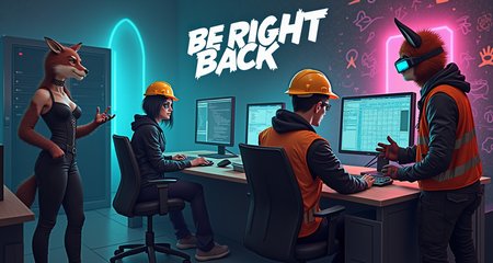 
The title at the top of the image reads "Be Right Back" in the font, Impact, used in many memes.

The title at the top of the image reads "Be Right Back" in the font, Impact, used in many memes.

The title at the top of the image reads "Be Right Back" in the font, Impact, used in many memes.

The title at the top of the image reads "Be Right Back" in the font, Impact, used in many memes.

The title at the top of the image reads "Be Right Back" in the font, Impact, used in many memes.

The title at the top of the image reads "Be Right Back" in the font, Impact, used in many memes.

Text at the top of the image reads "Be Right Back" in the font, Impact, used in many memes.

The title at the top of the image reads "Be Right Back" in the font, Impact, used in many memes.

A high-resolution photograph humorously titled "Pardon Our Dust" in bold, white Impact font at the top captures a group of network technicians working in a cyberpunk-themed data center. Each technician is dressed in construction PPE, but with a twist: they are either Emo, Goth, or Furries, adding a unique and quirky element to the scene.

    The Emo Network Lead: Sitting at the main desk, a technician with jet-black hair styled over one eye, heavy eyeliner, and black nail polish types furiously on a keyboard. His hard hat, adorned with emo band stickers, and a reflective vest over a black hoodie complete his look. The data center's neon lights cast a colorful glow on his somber expression.

    The Goth Junior Technician: At an adjacent desk, a technician dressed in all black, including a lace-up corset, flowing sleeves, and a spiked choker, adjusts network cables. Her safety goggles are tinted dark, and her reflective vest contrasts sharply with her Gothic attire. She occasionally glances at her computer screen, where a progress bar indicates a system update. The cyberpunk aesthetic is enhanced by holographic displays floating around her.

    The Furry Software Specialist: At another desk, a technician wearing a full furry costume with a brightly colored fox head and tail is multitasking, switching between multiple monitors displaying code and network diagrams. His hard hat is perched atop his furry head, and his reflective vest fits snugly over his costume. He types with oversized, paw-like gloves, adding a playful element to the scene.

    The Cyberpunk Troubleshooter: Standing beside a server rack, another technician embodies the cyberpunk theme with neon hair, augmented reality goggles, and a leather jacket covered in glowing circuitry patterns. His construction gloves dangle from his pocket, and he gestures towards a screen displaying a complex network map. The room is filled with the hum of servers and the flicker of neon lights, enhancing the futuristic atmosphere.

The background features cyberpunk decor, including glowing cables, holographic projectors, and graffiti-styled art on the walls. The lighting is a mix of neon blues, purples, and pinks, creating a vibrant and edgy environment. The overall composition is both humorous and visually engaging, highlighting the “under construction” nature of their work while playfully blending construction elements with subcultures and cyberpunk aesthetics.