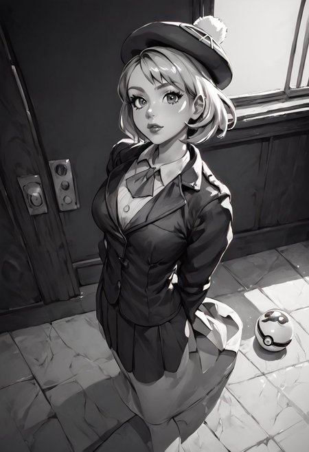 ( monochrome, grayscale,)
score_9, score_8_up, score_8, 1girl, (large breasts), 
pretty girl, indoors, 
 from above, 
BREAK, 
 gloria (pokemon), hat, looking at viewer, black jacket, formal, suit, black background, lips, curvy, head tilt, shiny clothes, holding pokeball,
