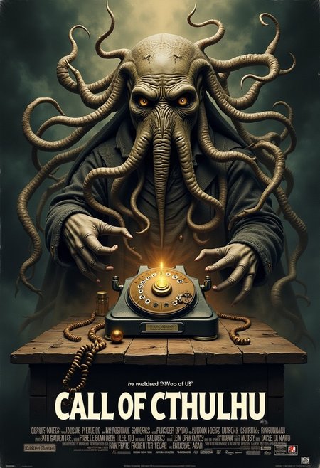 "Call of Cthulhu".
Movie poster of Cthulhu on a telephone.
Ethereal imagery.
mvpstrCE style