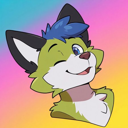 best quality, amazing quality, high resolution, masterpiece, very aesthetic, absurdres, newest, simple art, depth of field, source_anime, furry, furry male, anthro, realistic,

syuro, zuppu11, (((detailed eyes)), colorful background, gradient background, wink, winking, one eye closed, happy, looking at viewer, (((portrait, tilted body, dynamic angle, dynamic face))),

lim3, (((green body, white fur))), (((better quality))), black ears, white inner ear, brown nose, blue hair, ((blue eyes))