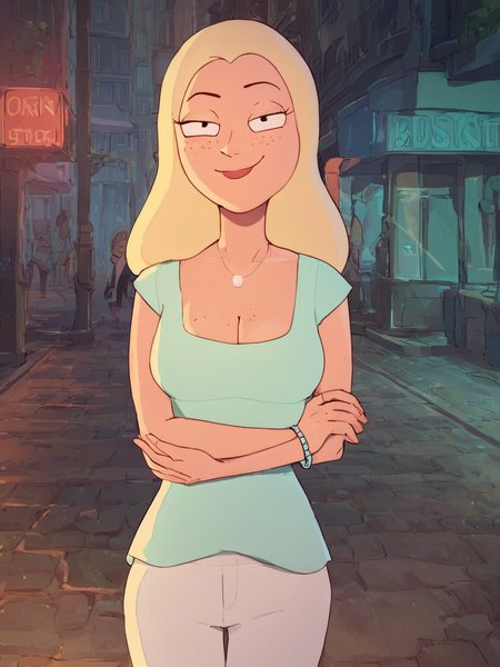 <lora:DianePony1.0:1> diane, 1girl, blonde hair, solo, freckles, long hair, necklace,white pants breasts, cleavage, aqua shirt, smile, bracelet,looking at viewer, holding own arm,naughty face,  score_9, score_8_up, score_7_up, score_6_up city,