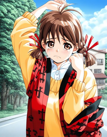 score_9, score_8_up, score_7_up, source_anime, rating_explicit, BREAK <lora:Nagashima_Kumiko_XL:1>Nagashima_Kumiko, brown hair, brown eyes, hair ribbon, red ribbon, twin braids, bangs, short twintails,
1girl, solo, tears, crying, day, outdoors, sweater, long sleeves, looking at viewer, yellow sweater, crying with eyes open, blush, building, upper body, sky, house, haori, outstretched arm, blue sky, arm up, tree, frown, road, antenna hair