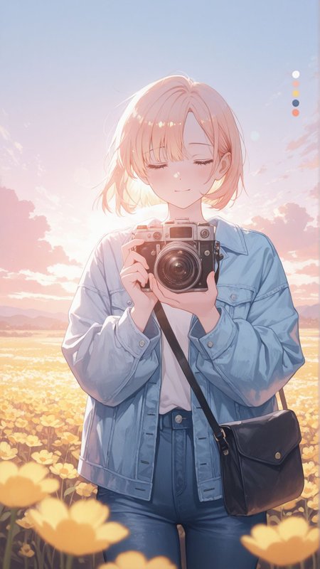 1girl, <lora:KonYa666:1>, kony4666, <lora:add-detail-xl:1>
masterpiece,best quality,
short hair, disheveled, bob cut, parted bangs, symmetrical bangs, white shirt, oversized jacket, denim jacket, crossbody bag, black bag, 
holding a vintage film camera up to her face, capturing a photo, standing in a vast field of colorful wildflowers, golden sunlight illuminating her hair, heavy lens flare, pastel sky, warm pastel colors, soft clouds, dreamy, nostalgic atmosphere, impressionism, vibrant color guide, soft painterly textures, highly detailed floral background, ethereal lighting,
facing viewer