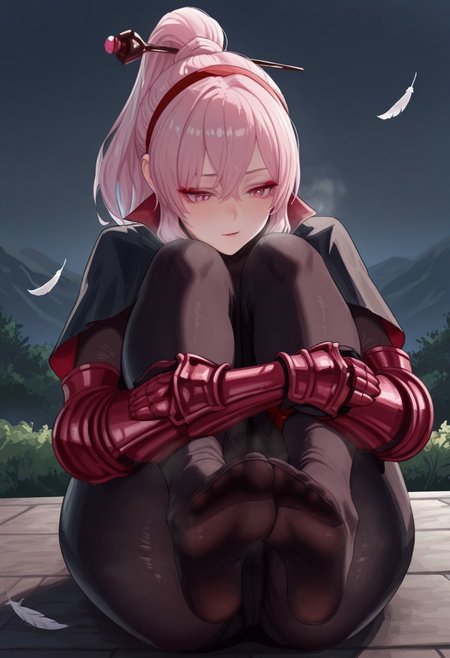 hth5k,  outdoors, undershirt, falling feathers, black bodysuit, hair stick, hugging own legs, , gauntlets,   eyeshadow,   red gloves,  high ponytail,  , black capelet, red hairband, pink eyes, 1girl, solo, feet, visible breath,   dynamic angle, foreshortening, smell, steam,