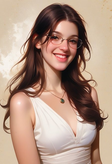 score_9, score_8_up, score_7_up, score_6_up, source_cartoon, 1girl, 50 year old female, solo, femenine, petite, lean, pale skin, thick nerdy glasses, eyelids brown, brown eyes, soaking wet hair,long hair, brown hair, smile, diaphonous white dress, bronze necklace, medium breasts, female focus, official style, close up, perfect anatomy, perfect face, standing,  abstract beauty, beautiful, centered, looking at the camera, approaching perfection, dynamic, moonlight, highly detailed, watercolor painting, artstation, concept art, smooth, sharp focus, illustration, portrait