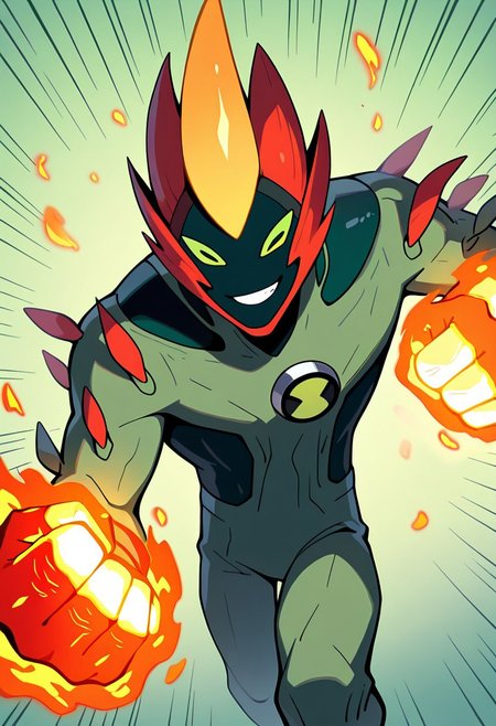 masterpiece, best quality, amazing quality, very aesthetic, absurdres, newest, 
swampfire, colored skin, spikes, colored sclera, 1boy, green skin, green eyes, pokemon (creature), shoulder spikes, no humans, smile,  green background, smiling,,
falling, fire punch, super punch , incoming punch, punch pov, teeth, canines