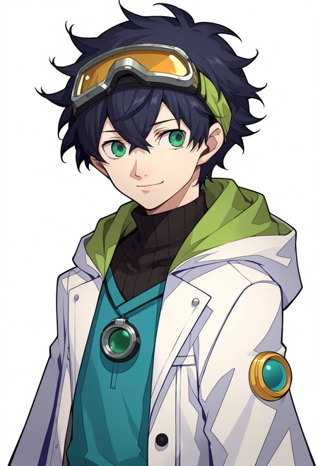 score_9, score_7_up, source_anime, solo, BREAK <lora:zs_P3ReloadPortraitsXL:1> p3reloadportraits, portrait, white background,, smile, 1boy, green eyes, short hair, black hair, bangs, hair between eyes, messy hair, (goggles on head:1.2), headband, white coat, hooded coat, hood down, open coat, black turtleneck, capri pants, layered pants, black knee boots,