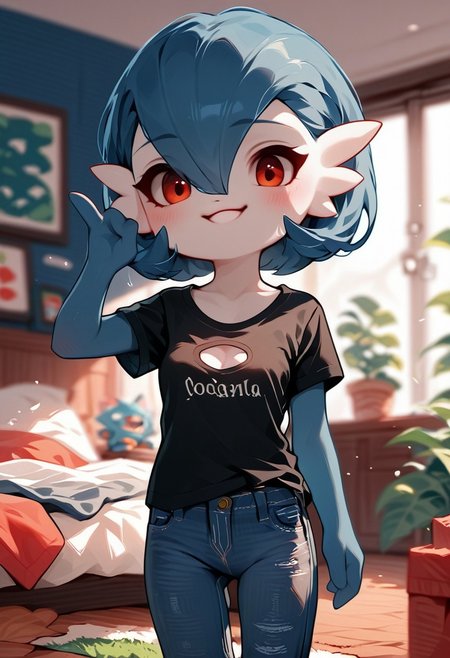 ZPDXL3, score_9, score_8_up, score_7_up, score_6_up, score_5_up, score_4_up, 
1girl, small breasts, solo, 
bedroom, jeans, t-shirt, 
cleavage, (blue hair:1.2), v neck, red chest spike, 
acvillager, chibi, pkshigar,